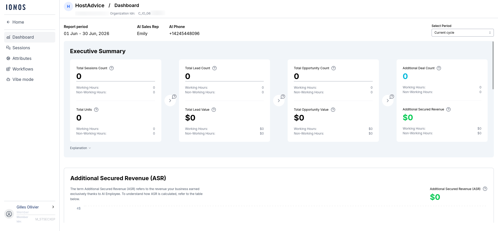 IONOS AI Receptionist reporting dashboard navigation
