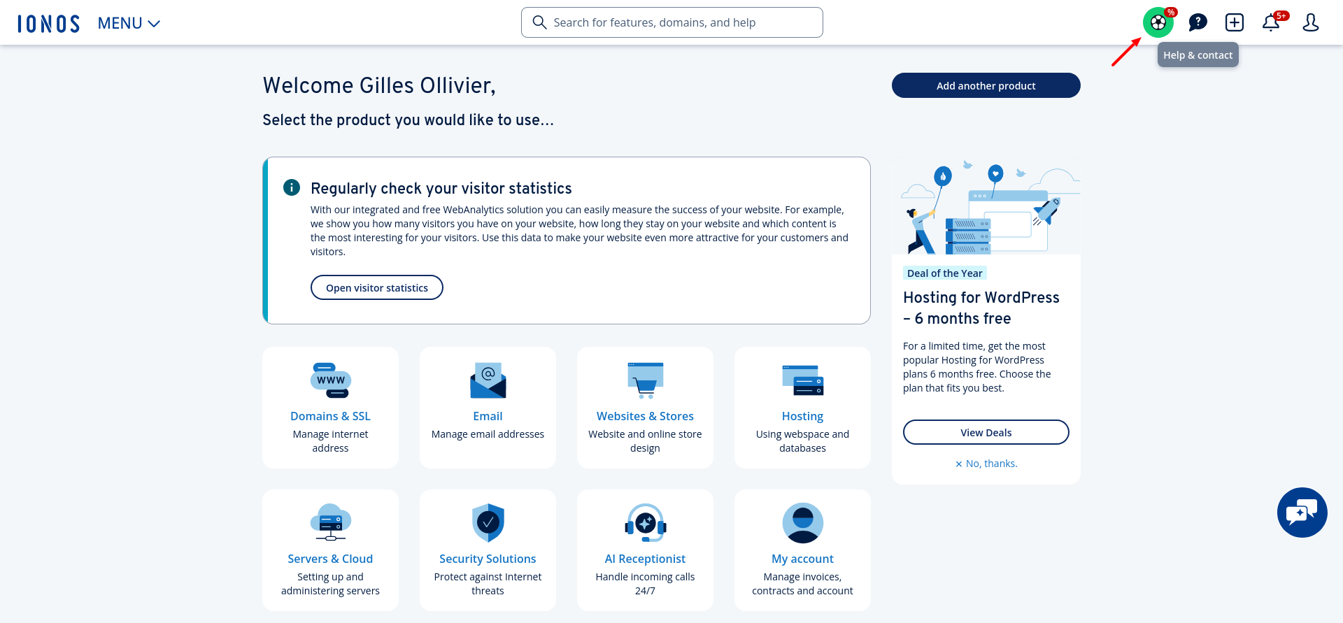 IONOS Help and Contact modal for AI Receptionist support