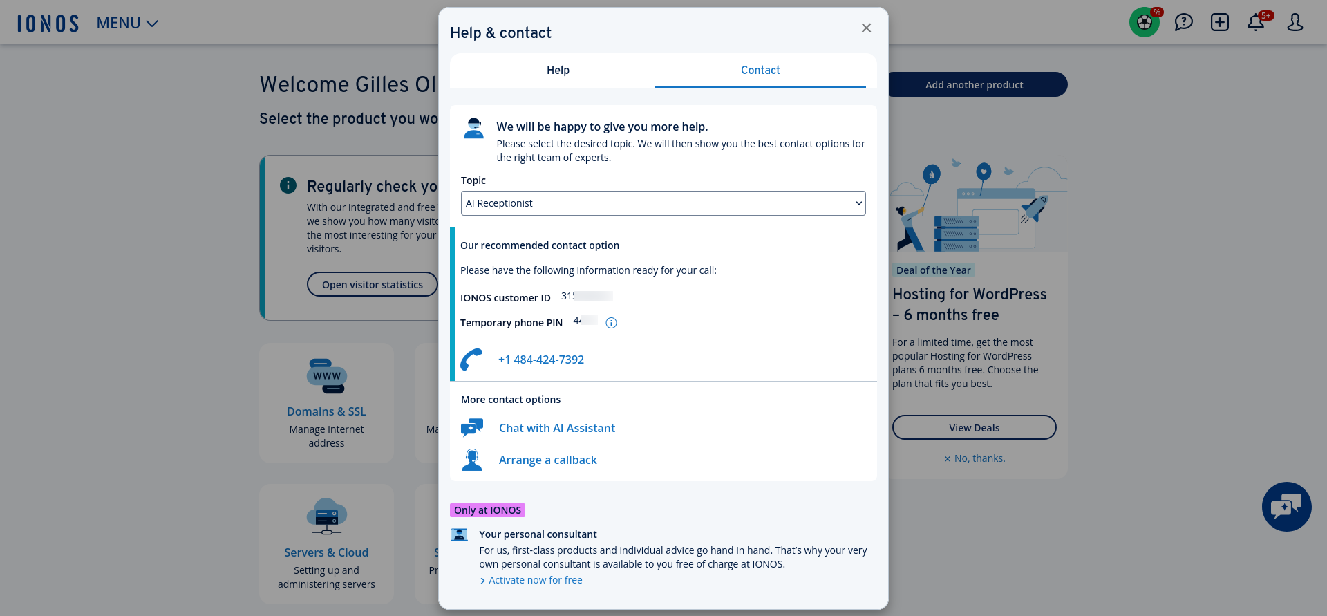 IONOS AI Receptionist support contact options with customer PIN