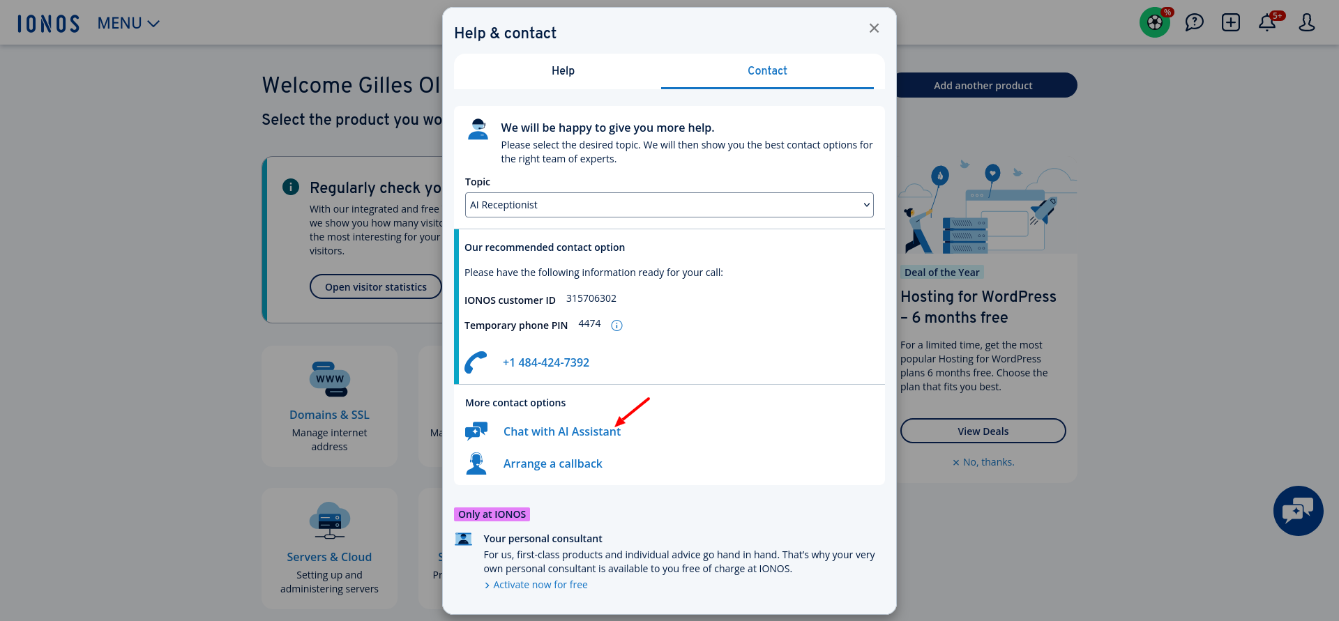 IONOS AI Assistant chat for AI Receptionist SMS question