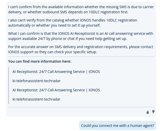 IONOS AI Assistant human handoff prompt