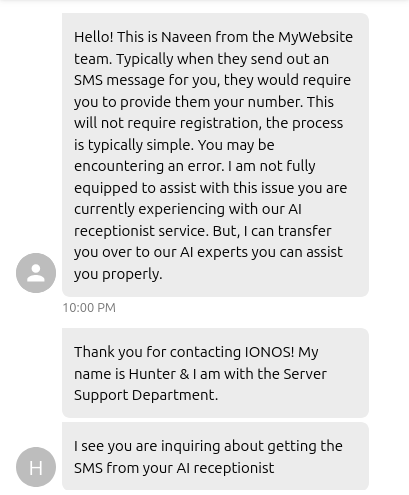 IONOS live chat transfer during AI Receptionist support test