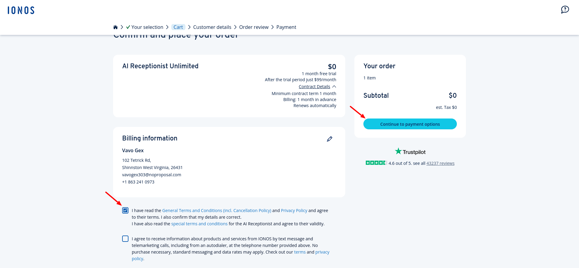 IONOS AI Receptionist order review and contract terms