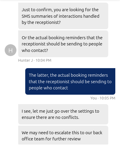 IONOS server support agent escalating AI Receptionist SMS issue