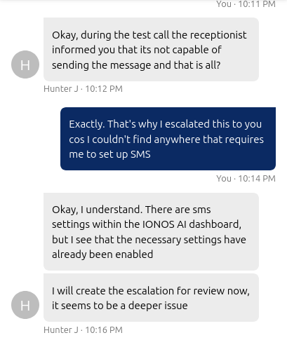 IONOS live chat closing after AI Receptionist support escalation