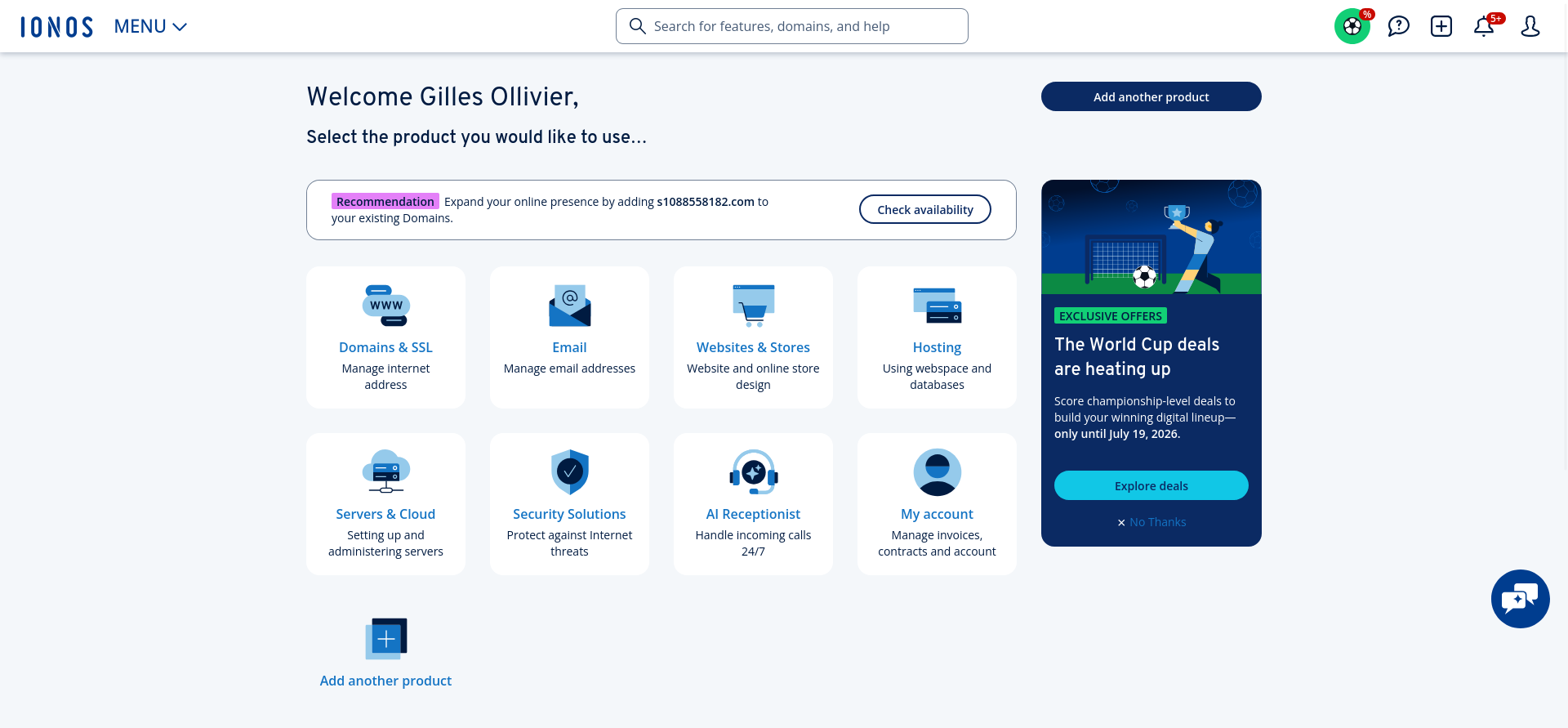 IONOS account dashboard with AI Receptionist product tile