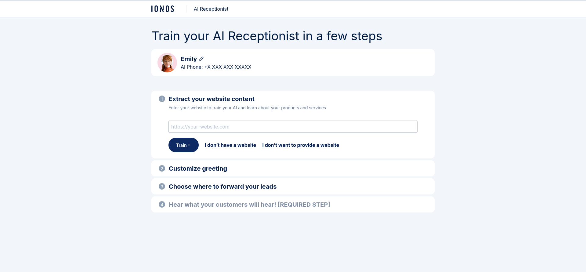 IONOS AI Receptionist training flow with default agent name