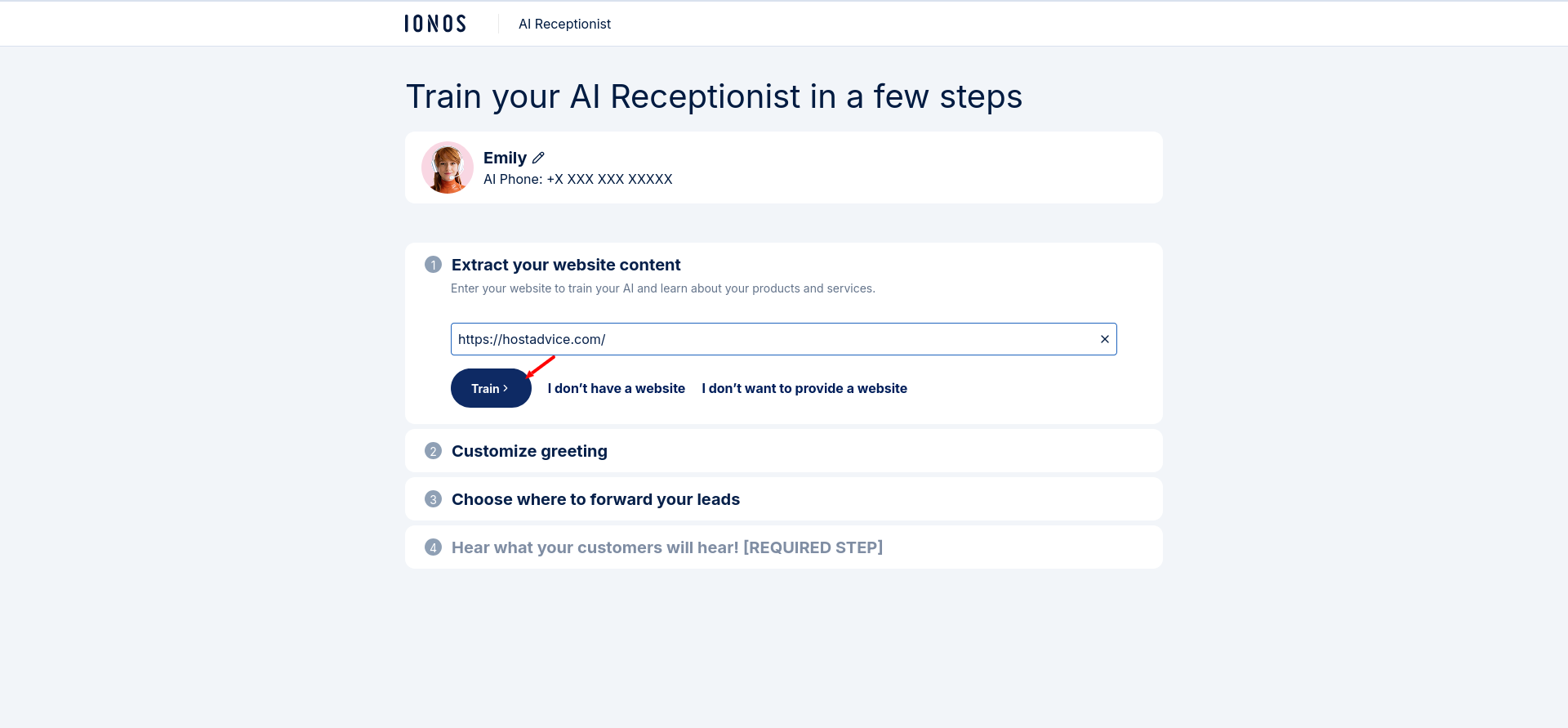 IONOS AI Receptionist website content training step