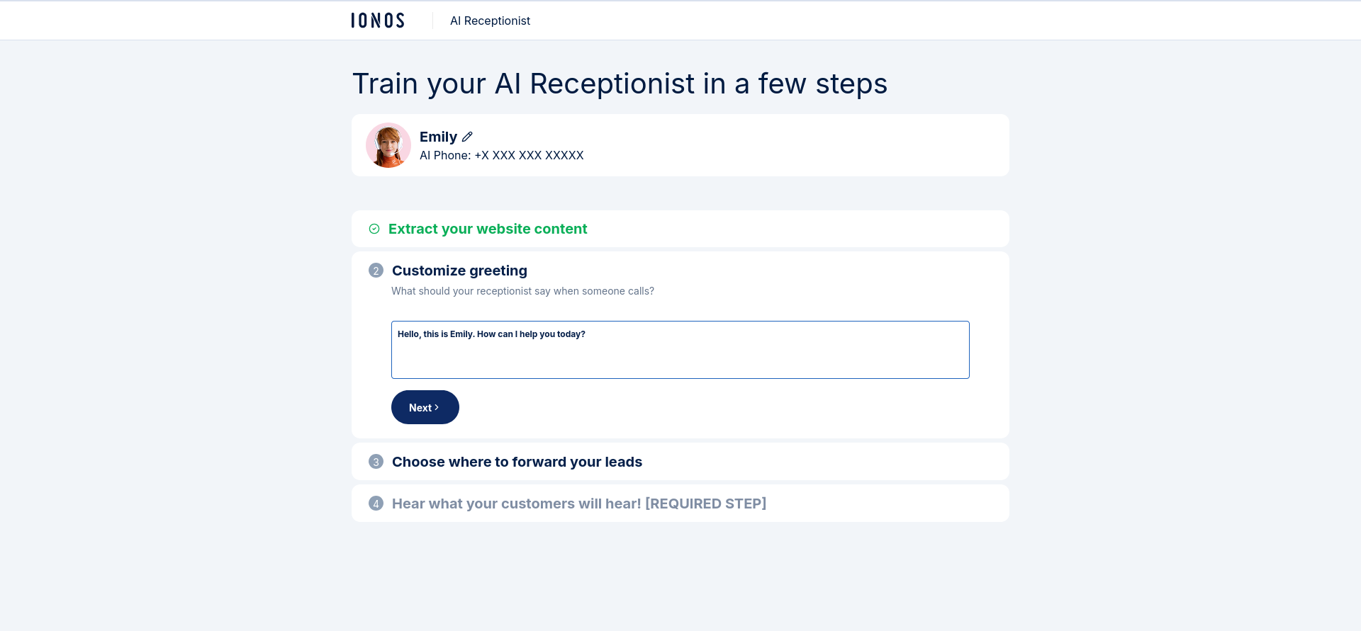 IONOS AI Receptionist greeting customization screen