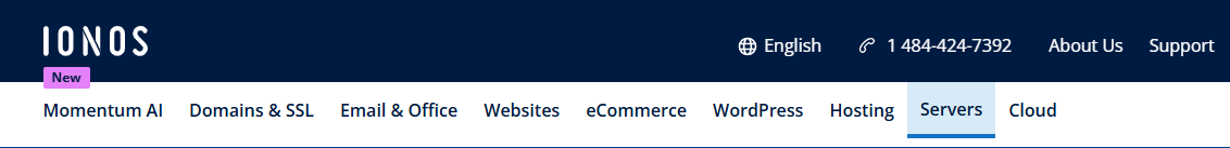 Menu de navigation Server du site web IONOS