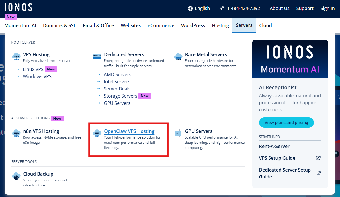Option de menu IONOS OpenClaw VPS Hosting