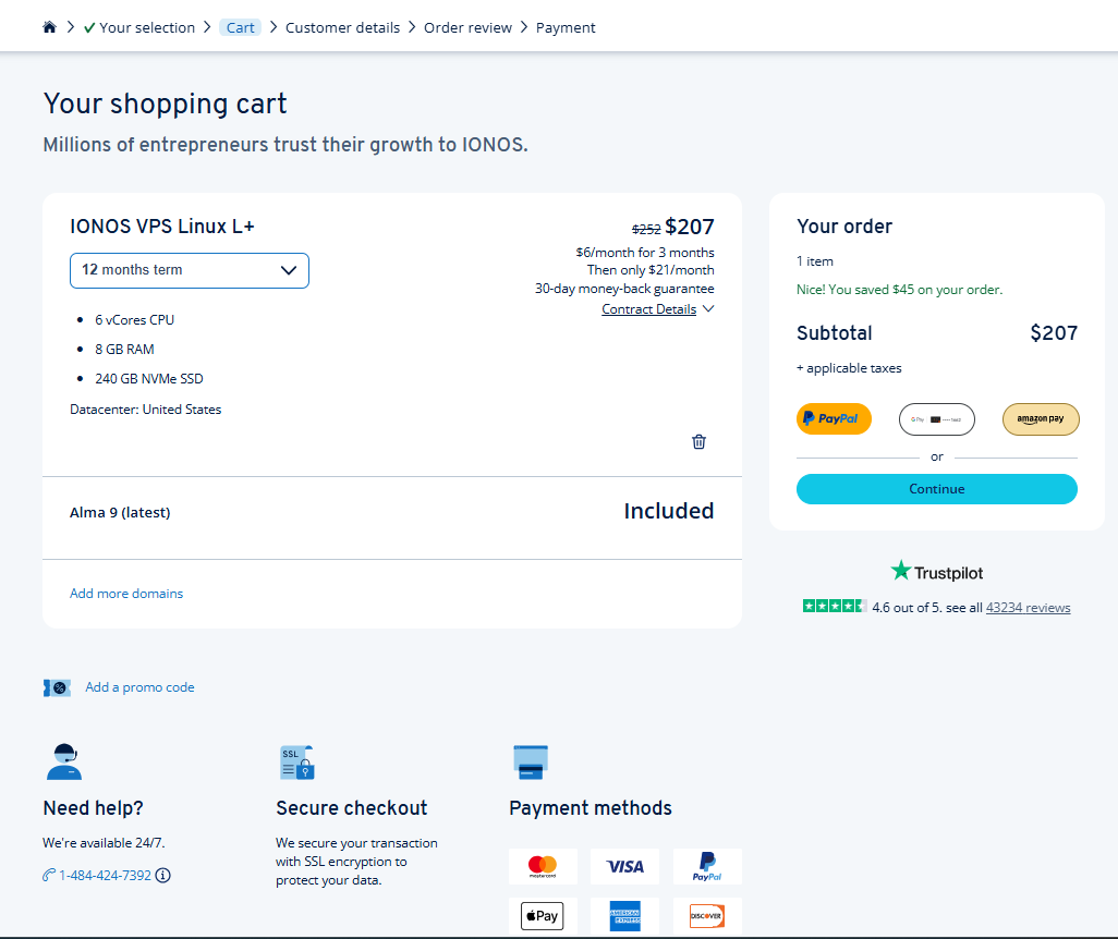 Paiement avec code promo dans le panier IONOS OpenClaw