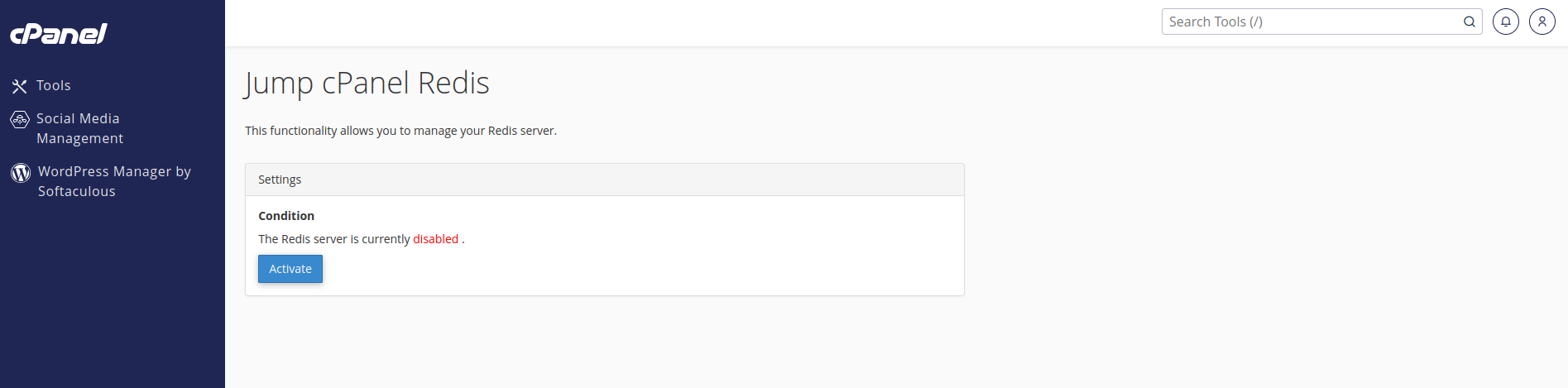 екранна снимка на Redis менюто в cPanel на Jump