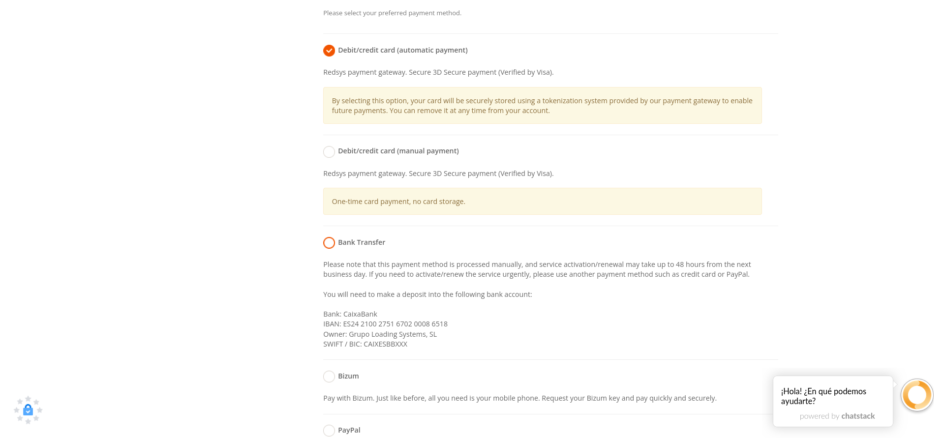 screenshot of payment methods