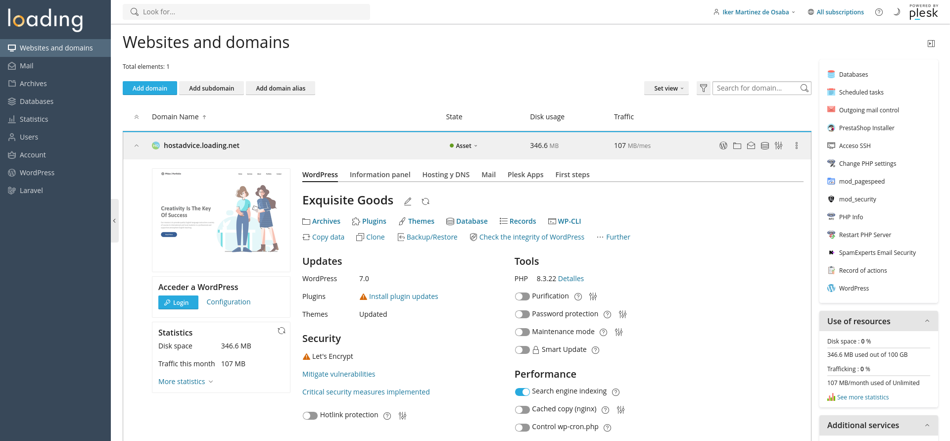 screenshot of the dashboard
