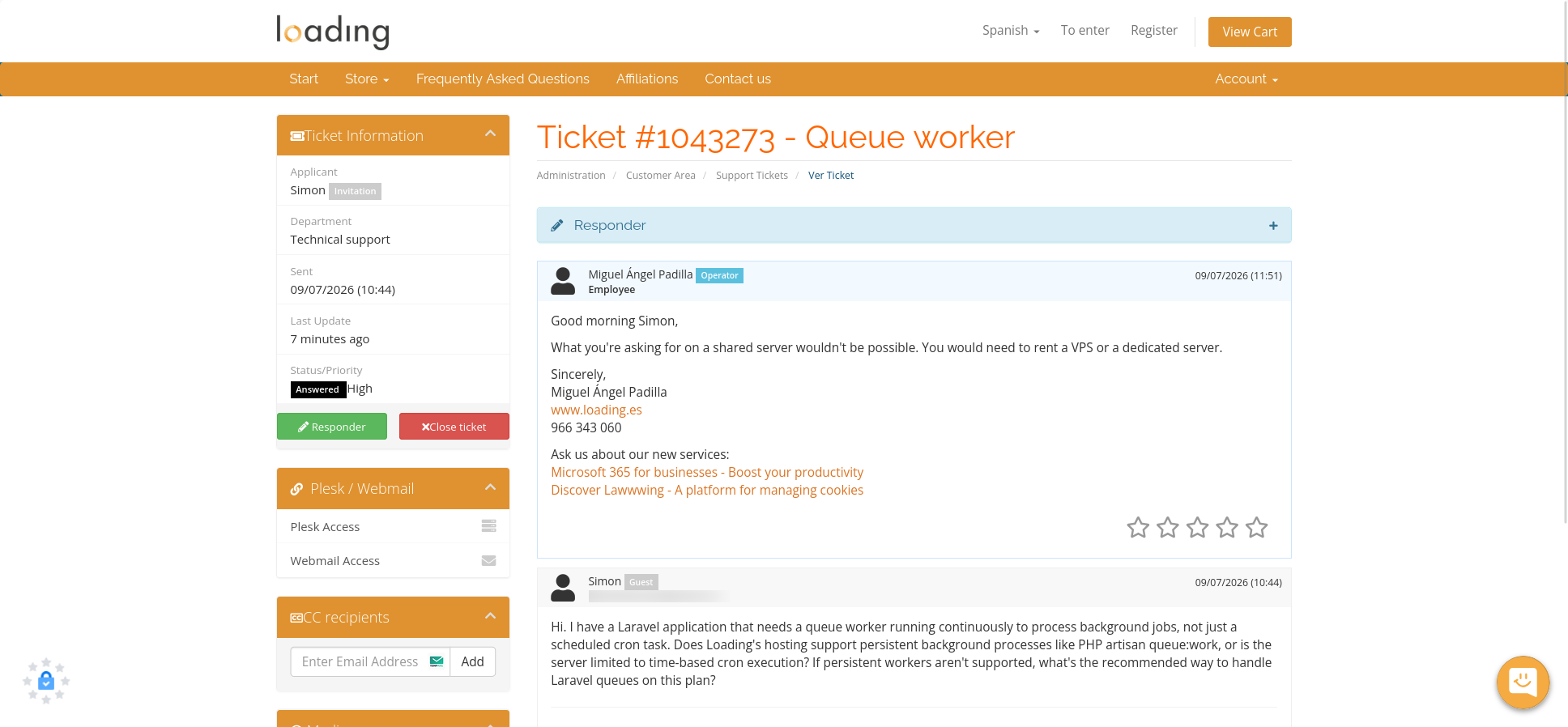 screenshot of the Ticket conversation