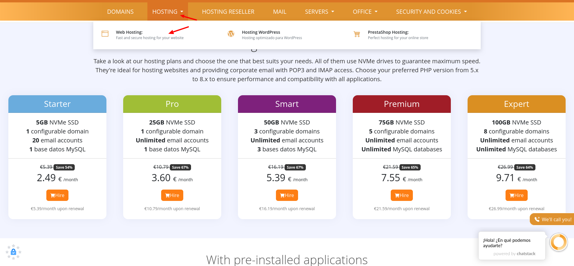 screenshot of Web Hosting button