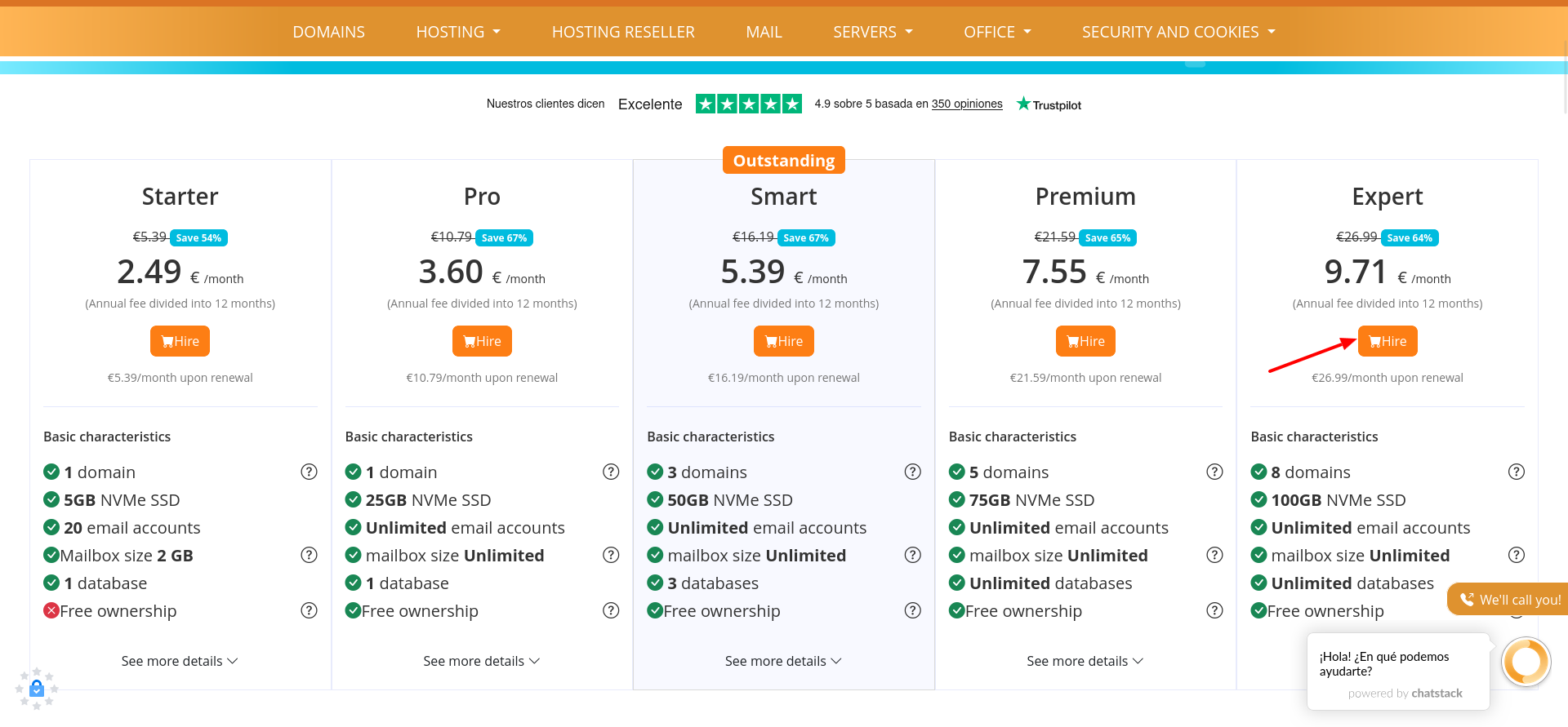 screenshot of Web Hosting plans