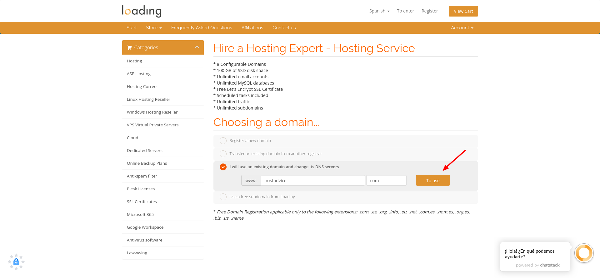 screenshot of domain menu