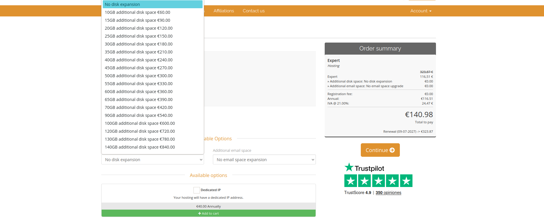 screenshot of Disk Space options