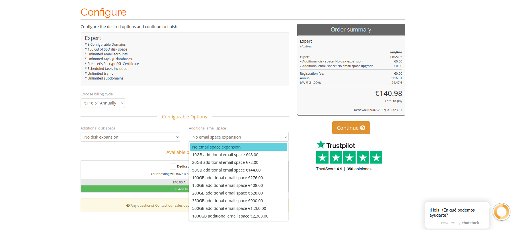 screenshot of Additional Email Space options