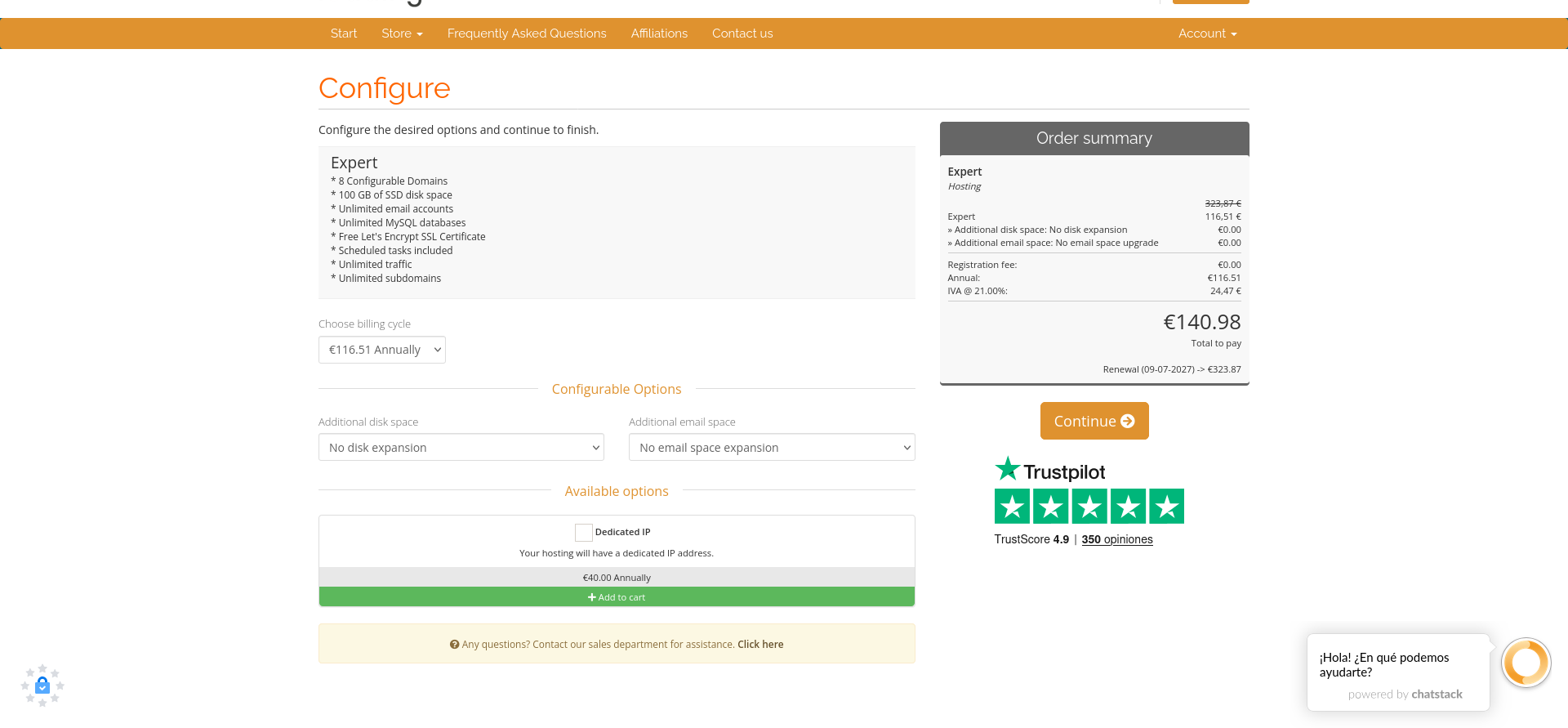 screenshot of Hosting plan configurations