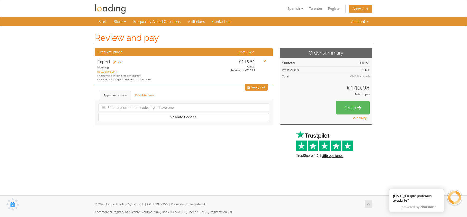 screenshot of the cart