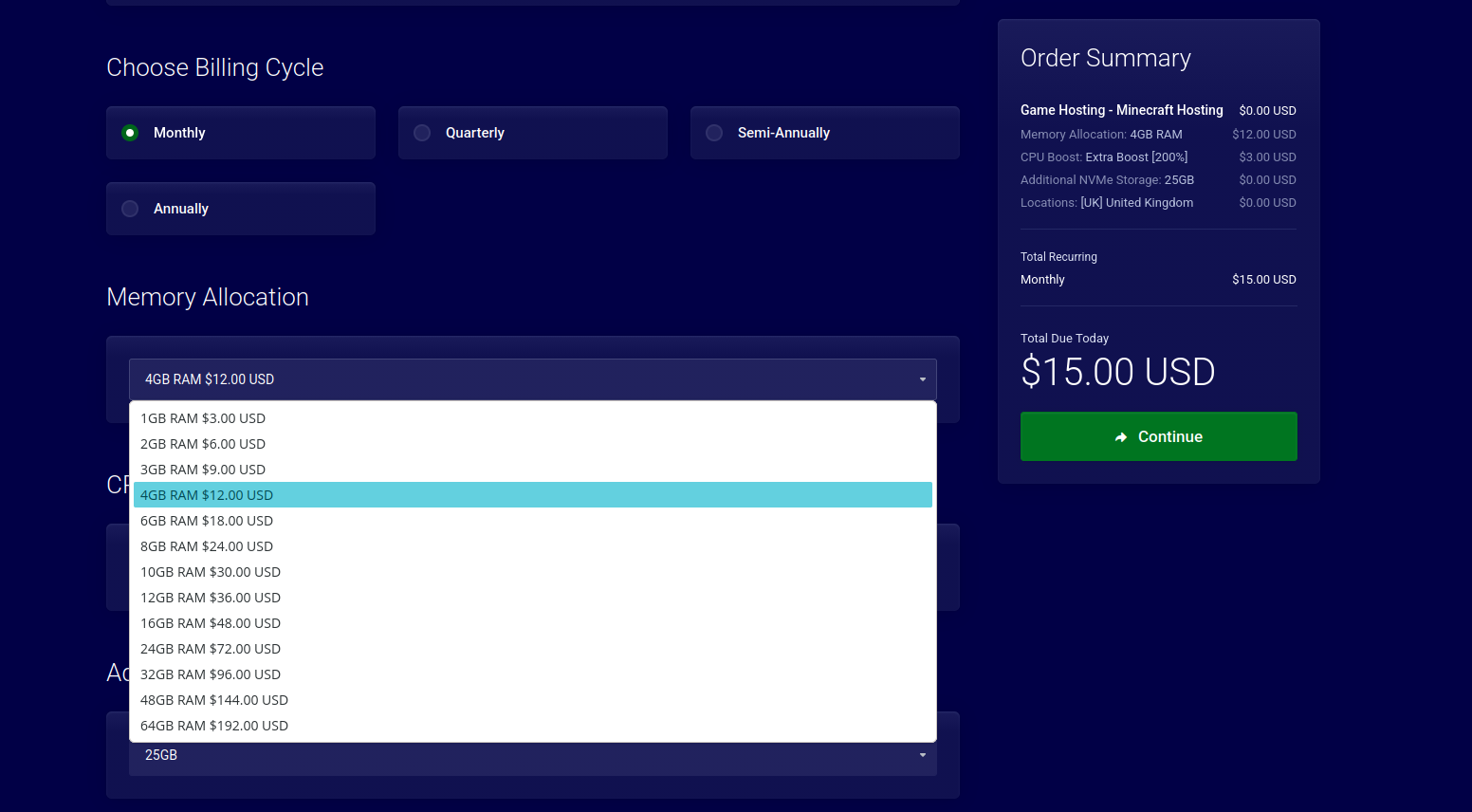 Pine Hosting configure page showing RAM CPU storage and location pricing for Minecraft hosting