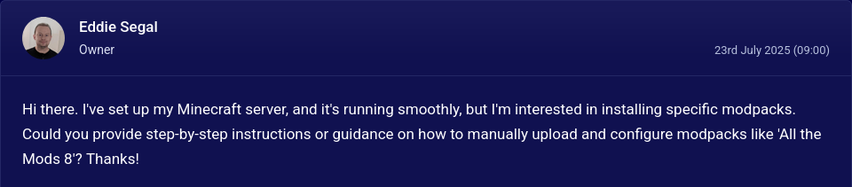 Pine Hosting support ticket asking how to install All the Mods 8 on a Minecraft server