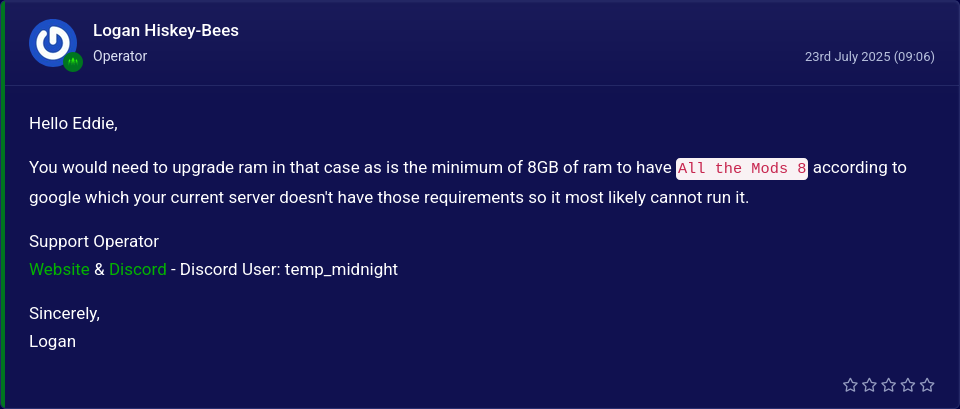 Pine Hosting support reply explaining that All the Mods 8 requires at least 8GB RAM