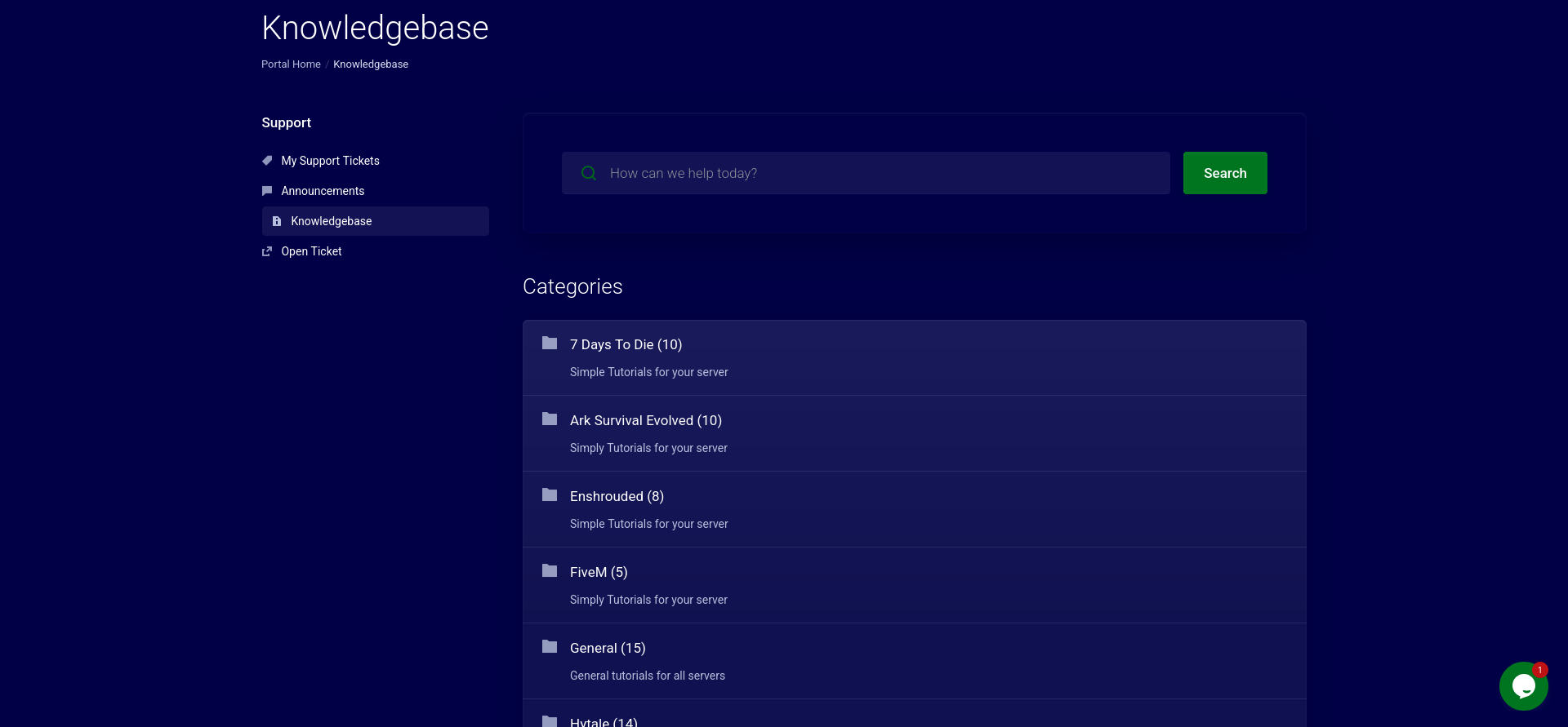 Pine Hosting Knowledge Base showing Minecraft articles and game support categories