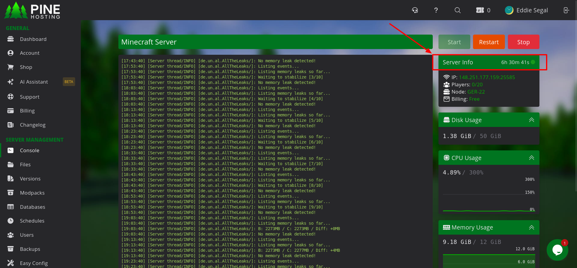 Pine Hosting Minecraft server resource panel showing stable uptime CPU and memory usage