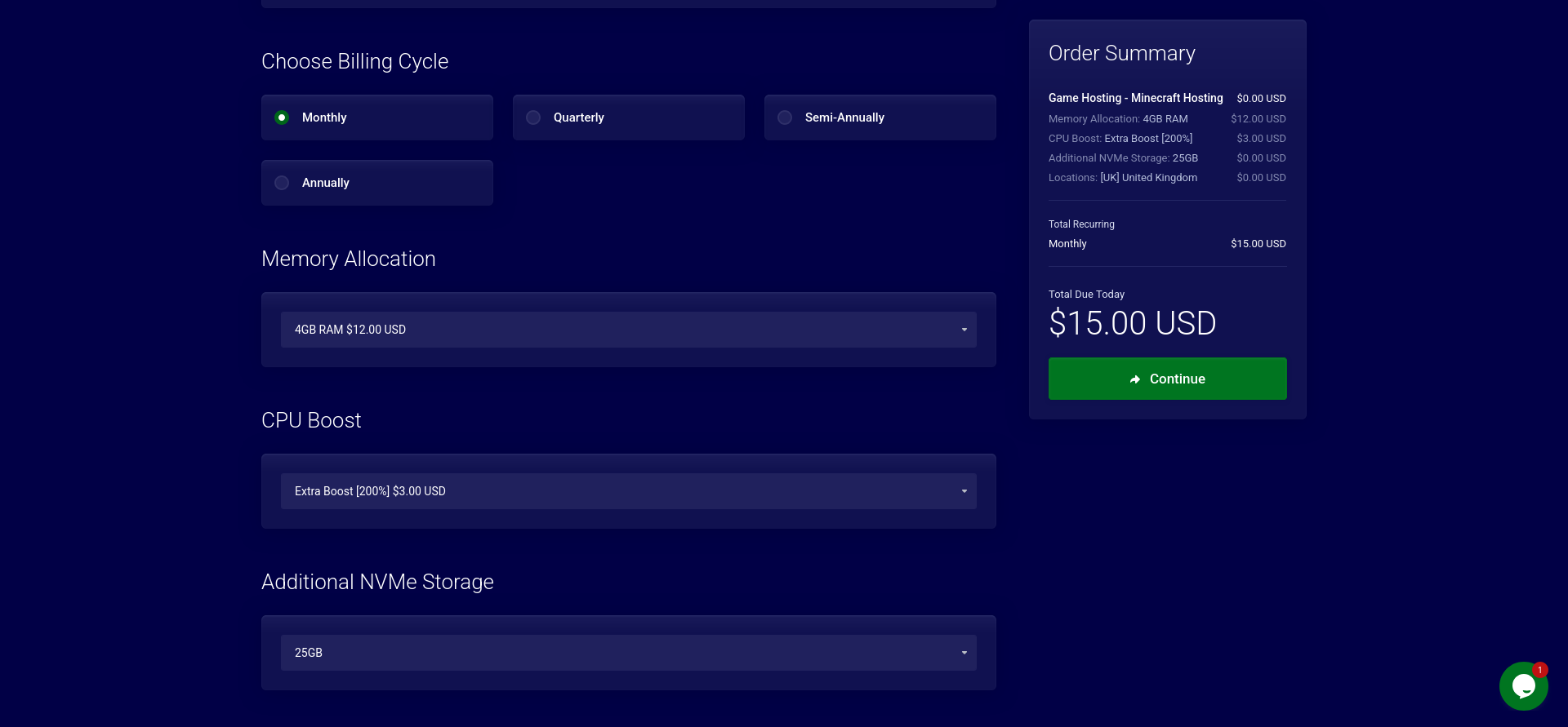 Pine Hosting Minecraft server configuration page with billing cycle CPU RAM and location options