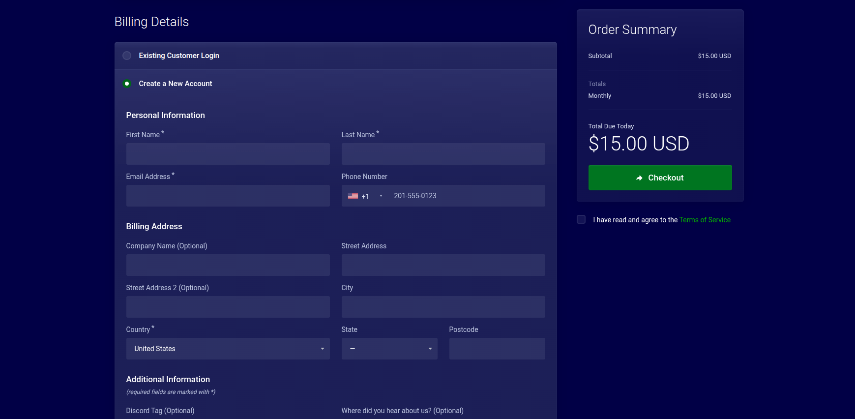 Pine Hosting checkout billing details form for new Minecraft hosting account