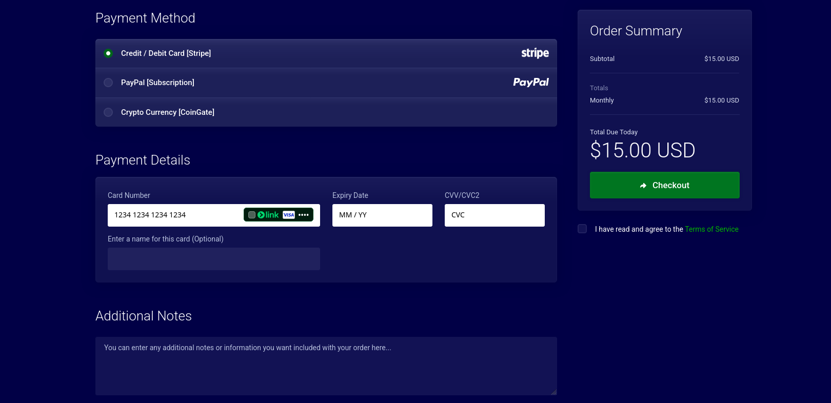 Pine Hosting checkout page showing Stripe PayPal and CoinGate payment options