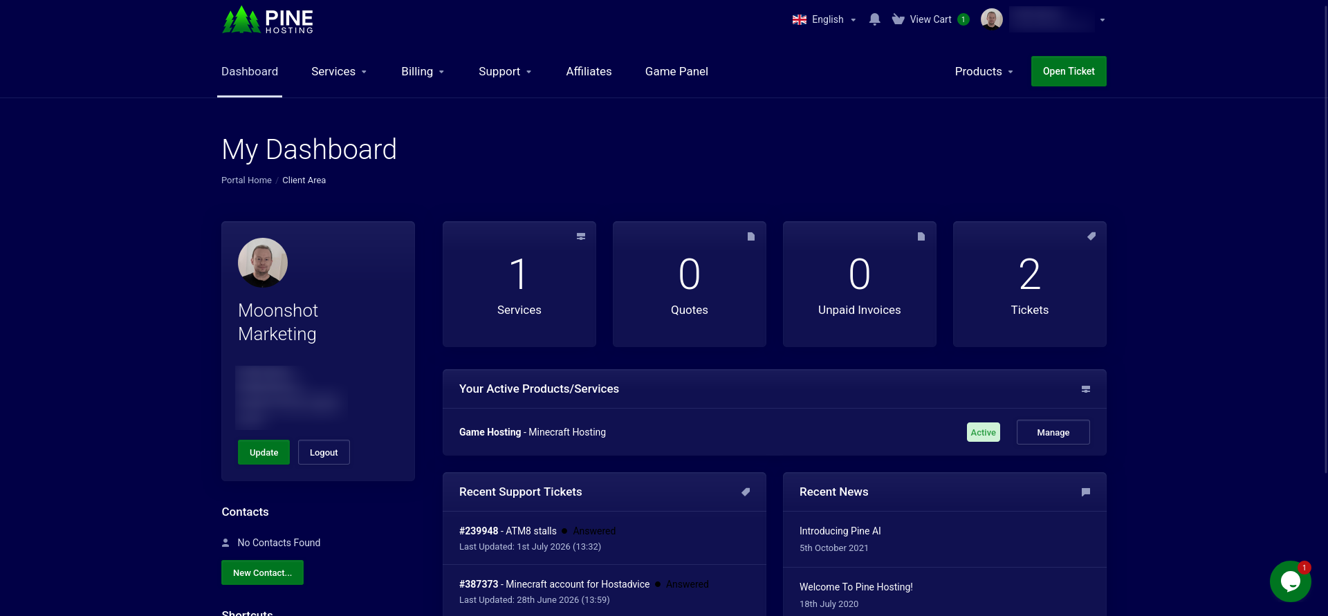 Pine Hosting billing portal showing active services support tickets and Manage button