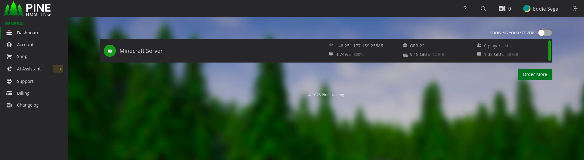 Pine Hosting game panel dashboard for managing a Minecraft server