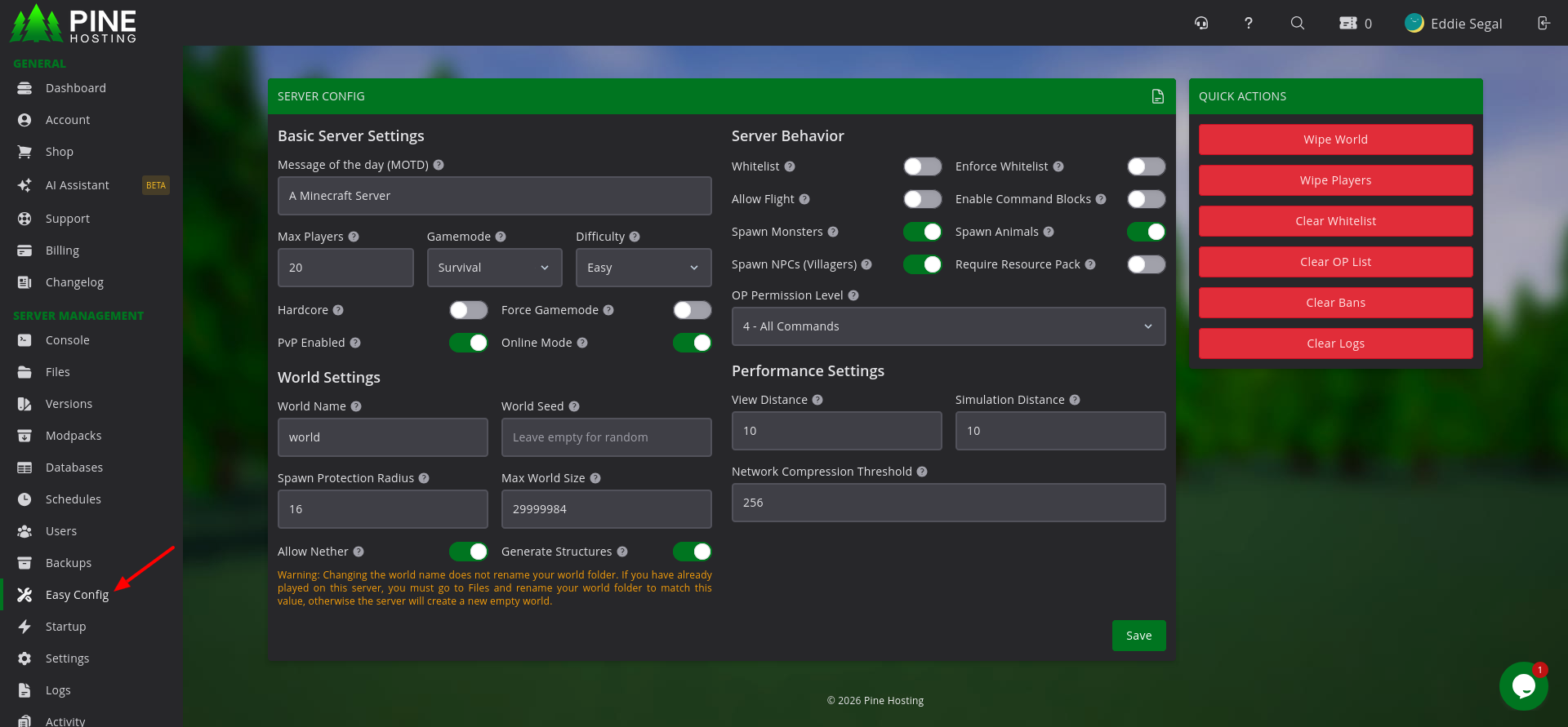 Pine Hosting Easy Config page for changing Minecraft server settings without code