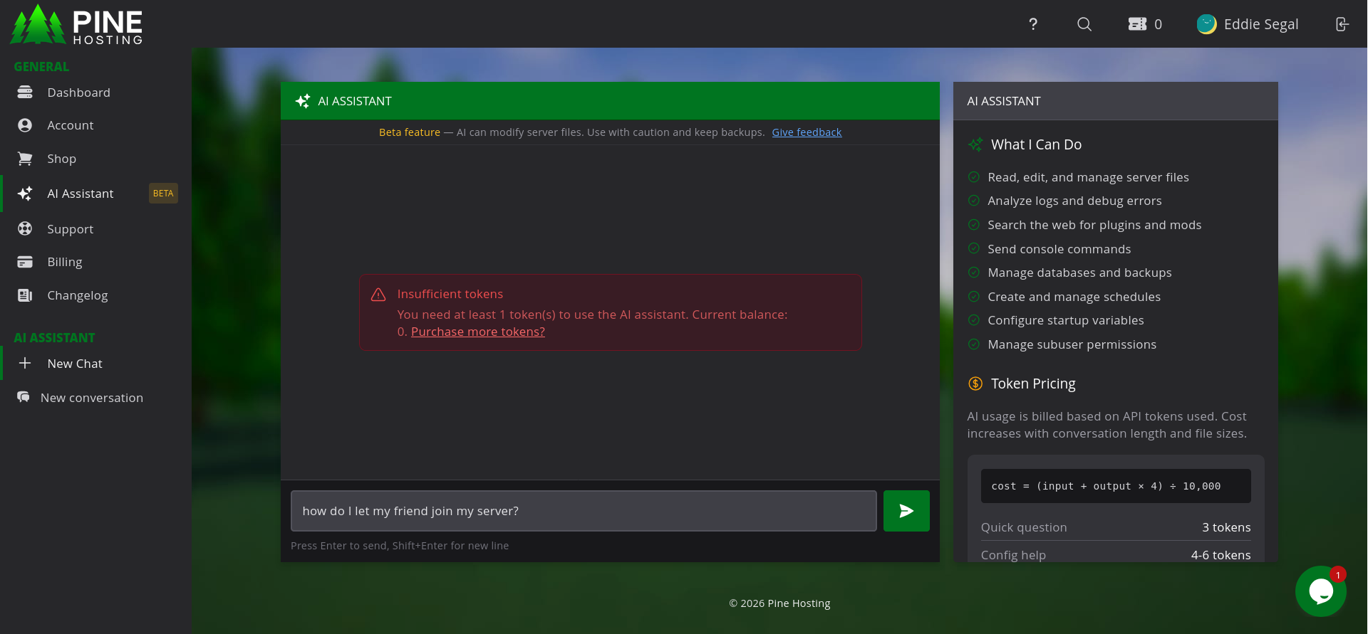 Pine Hosting AI Assistant showing insufficient tokens error in the game panel