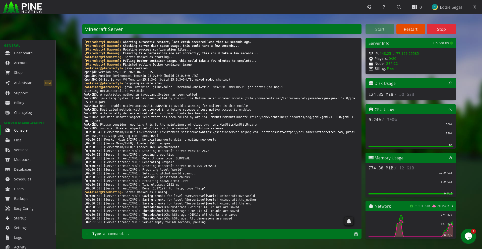 Pine Hosting Minecraft server console showing vanilla server baseline performance