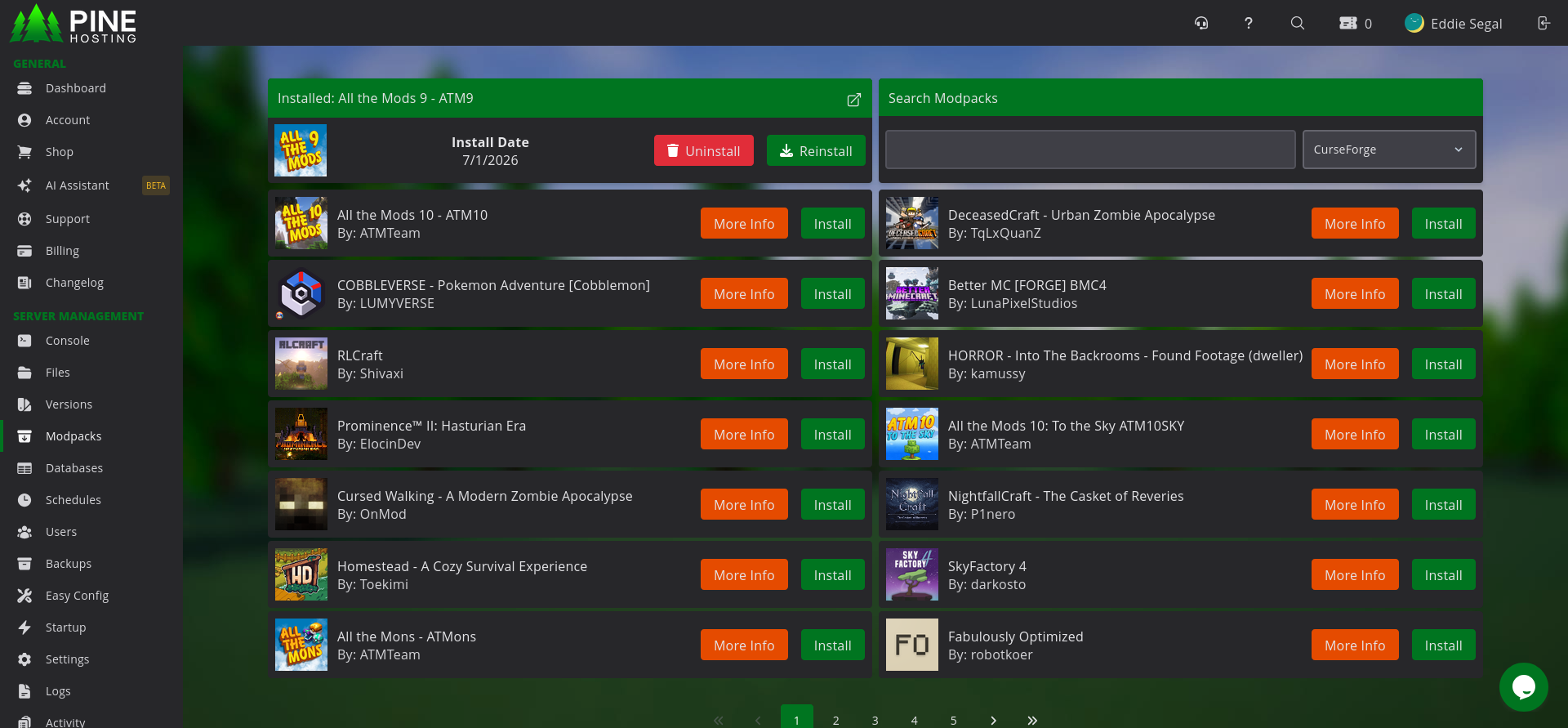 Minecraft modpack setup screen in the Pine Hosting panel