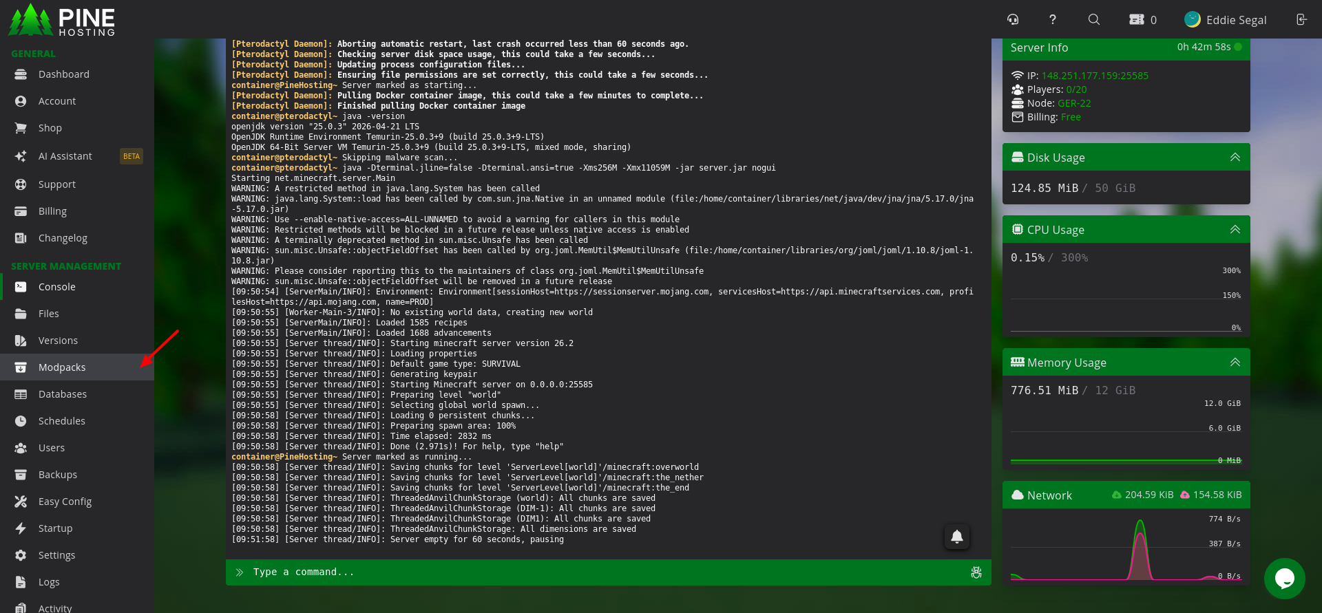 Pine Hosting console showing vanilla Minecraft server booted in about 21 seconds