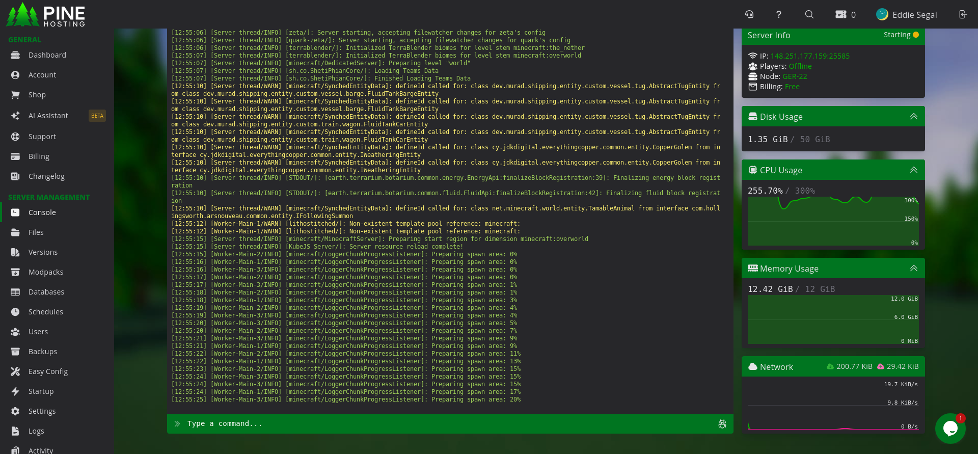 Pine Hosting console showing ATM9 mods loaded after startup