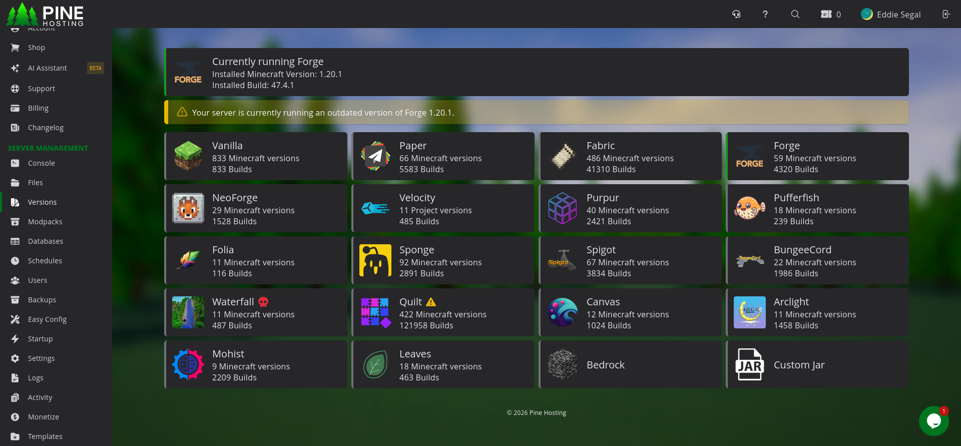 Pine Hosting Versions tab showing Forge, Fabric, NeoForge, and other loader options