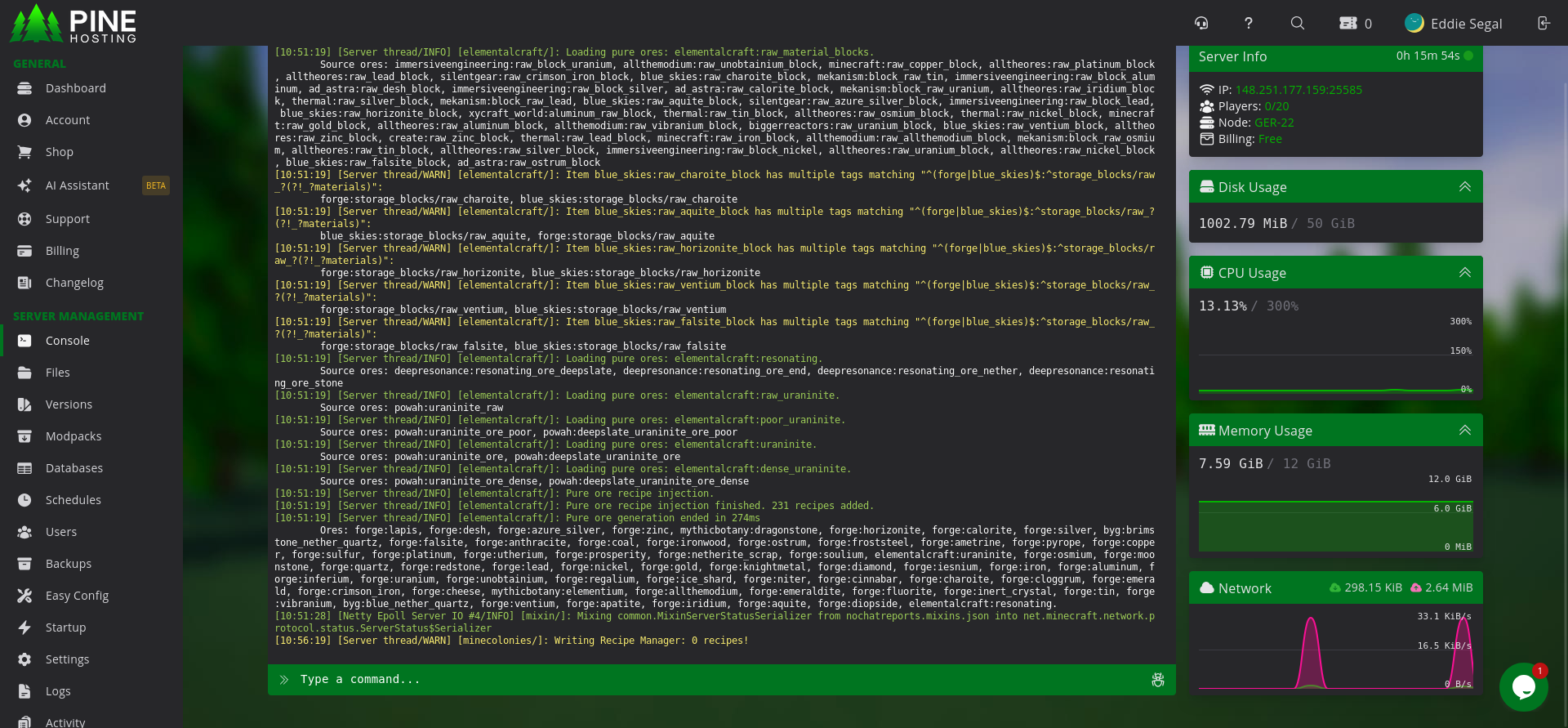 Pine Hosting console showing ATM8 server stalled during mod initialization