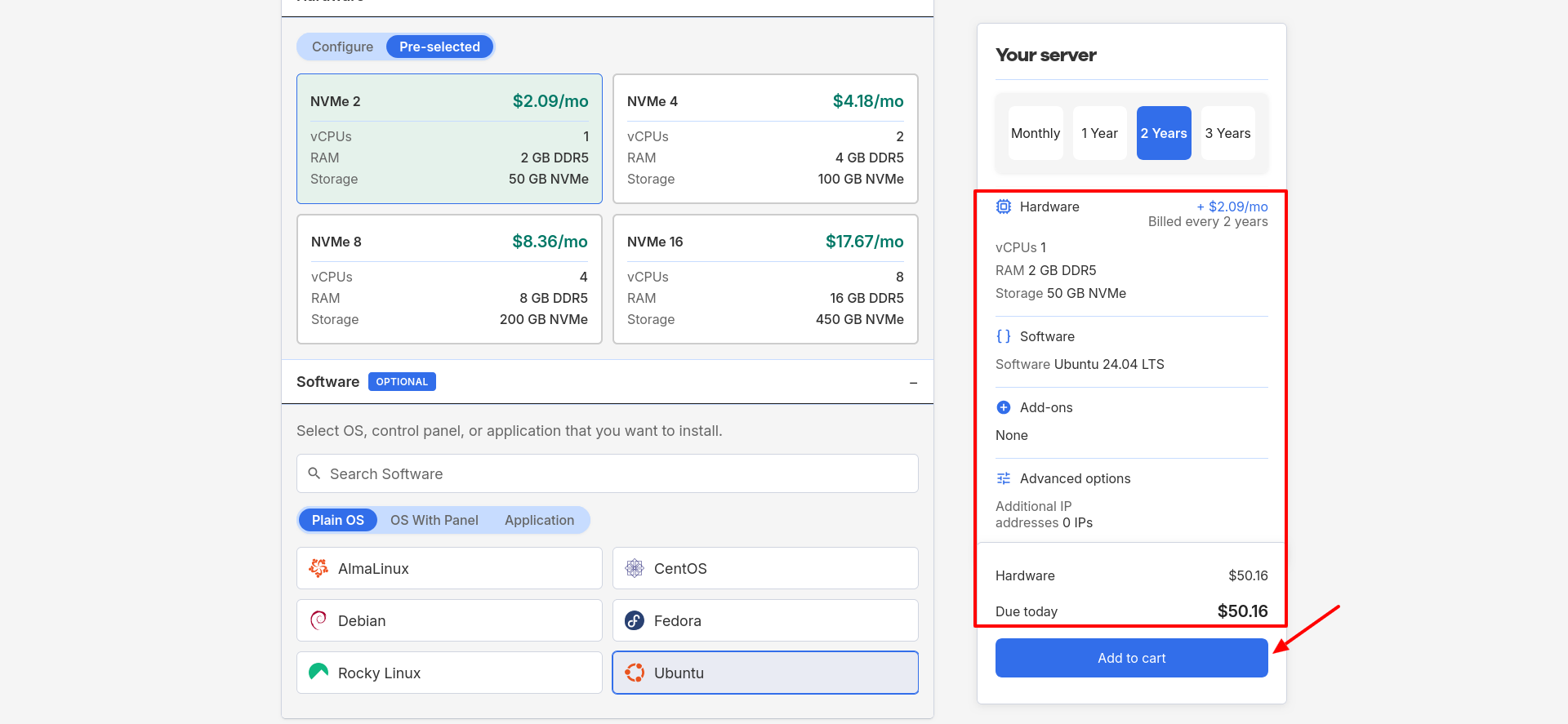 Network Solutions VPS shopping cart and billing summary