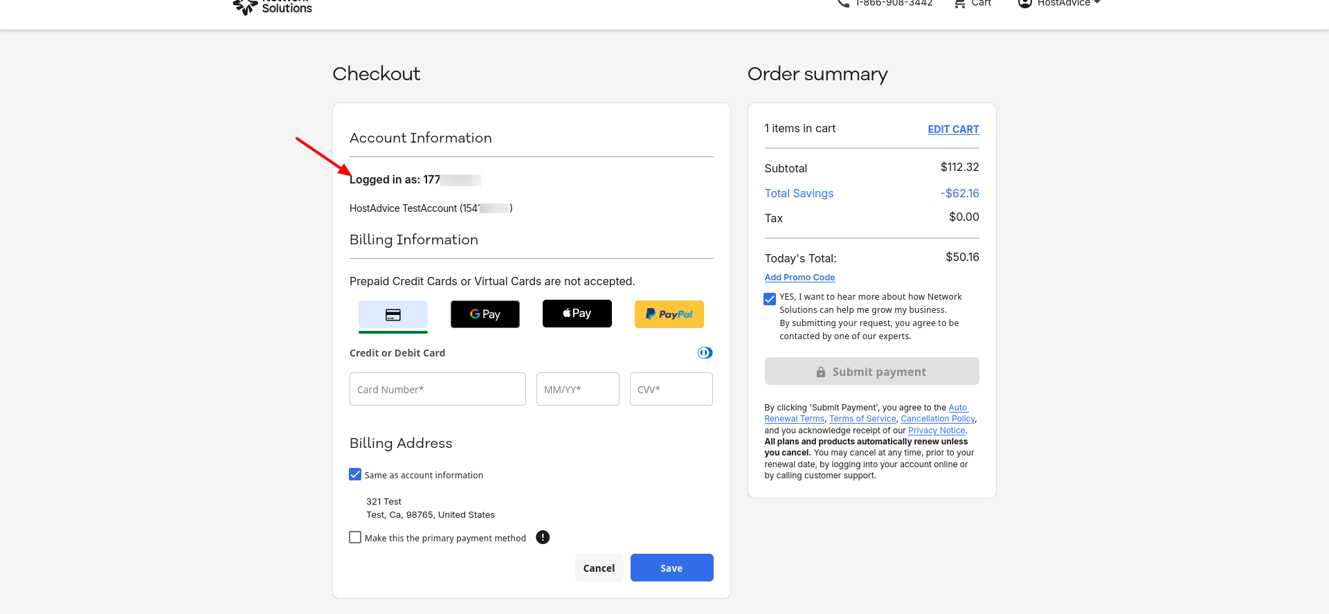 Network Solutions checkout account registration form