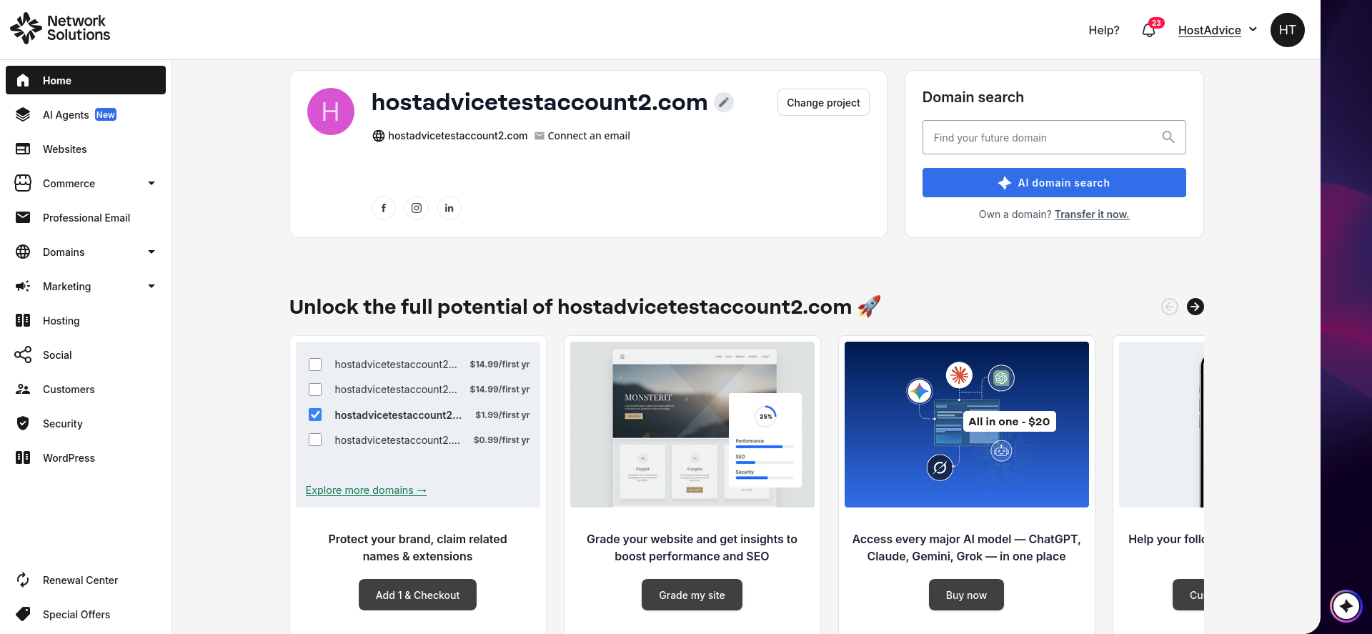Network Solutions customer dashboard
