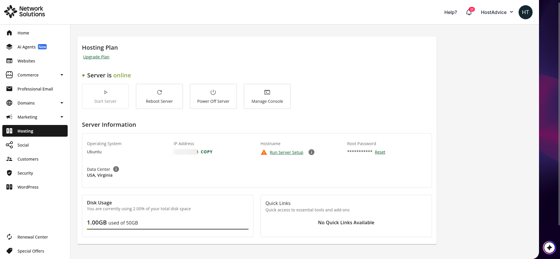 Network Solutions VPS server management dashboard