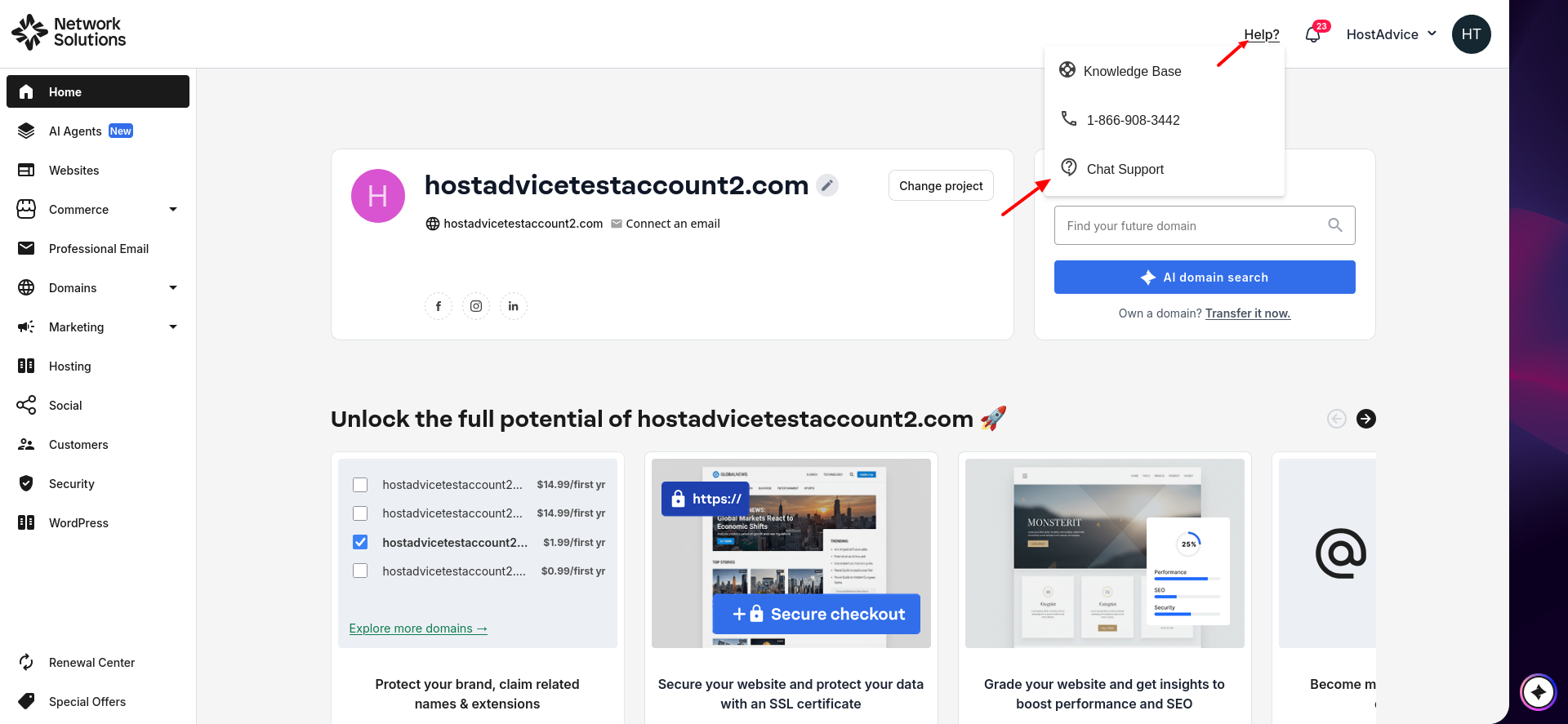 Network Solutions dashboard Help menu with Chat Support
